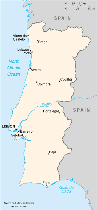 PORTUGAL MAP - Lisbon - Viana do Castelo - Braga - Leixoes - Porto - Aveiro - Coimbra - Covilha - Portalegre - Barreiro - Setubal - Beja - Faro